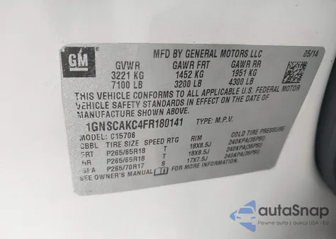 2015 Chevrolet Tahoe Ls из США, поврежденный, VIN 1GNSCAKC4FR180141